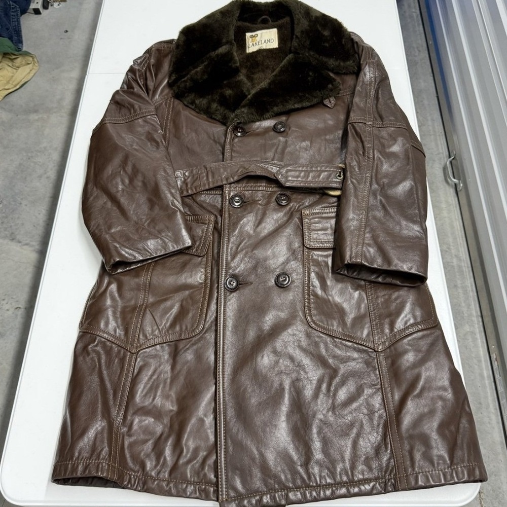 Lakeland Leather Trench Coat Mens Brown Faux Fur Collar Belted Double Breast